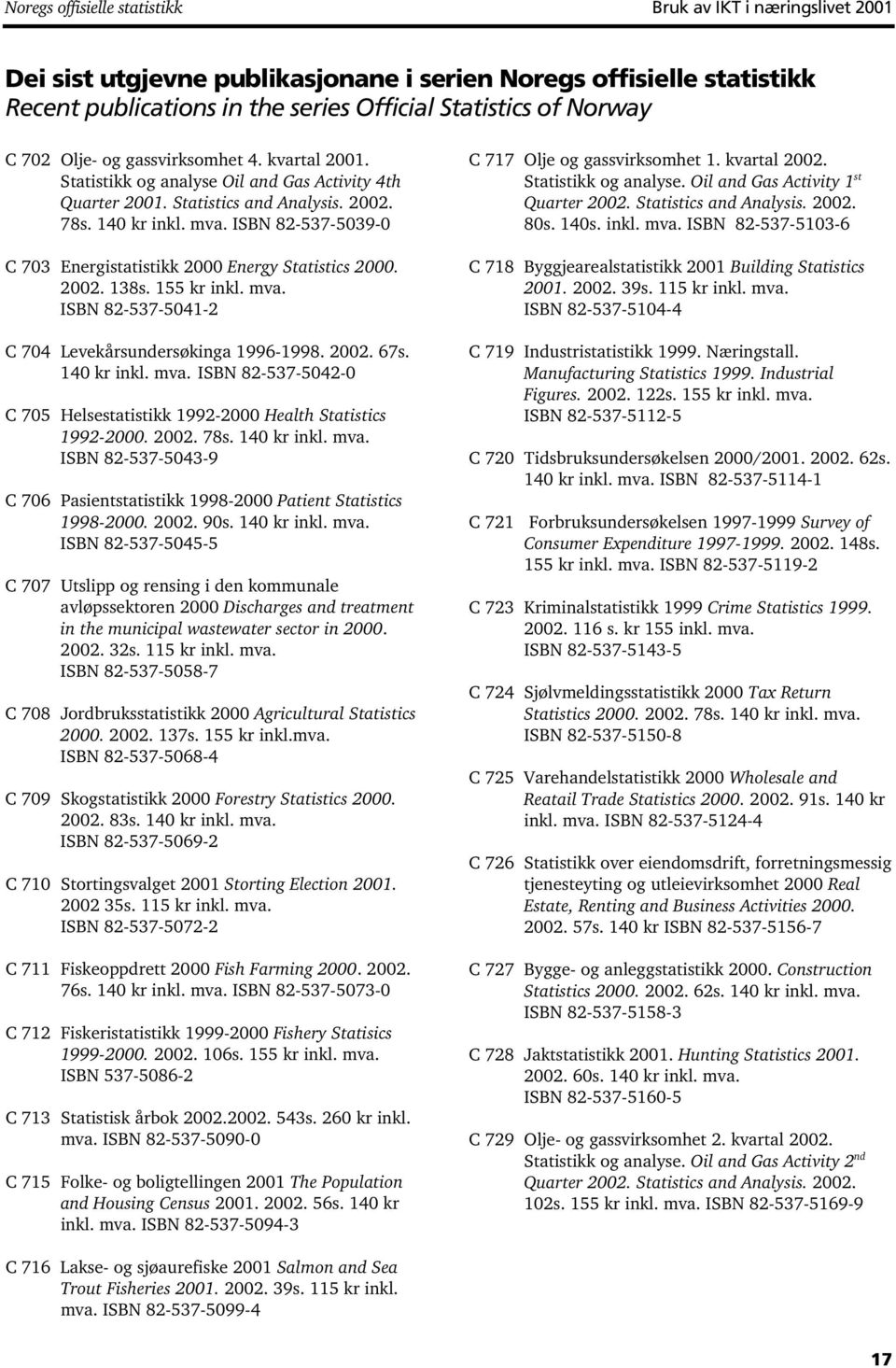 ISBN 82-537-5039-0 C 703 Energistatistikk 2000 Energy Statistics 2000. 2002. 138s. 155 kr inkl. mva. ISBN 82-537-5041-2 C 704 Levekårsundersøkinga 1996-1998. 2002. 67s. 140 kr inkl. mva. ISBN 82-537-5042-0 C 705 Helsestatistikk 1992-2000 Health Statistics 1992-2000.