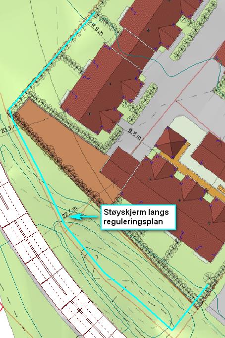 Figur 2 Støyskjermingstiltak langs reguleringsplangrense Det er også nødvendig med en 1, meter høy støyskjerm på balkong i 2.