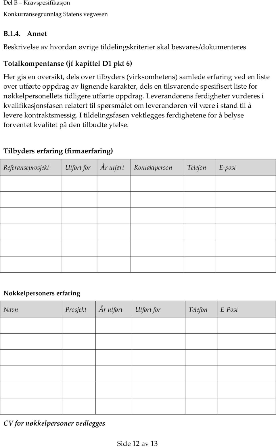 ved en liste over utførte oppdrag av lignende karakter, dels en tilsvarende spesifisert liste for nøkkelpersonellets tidligere utførte oppdrag.