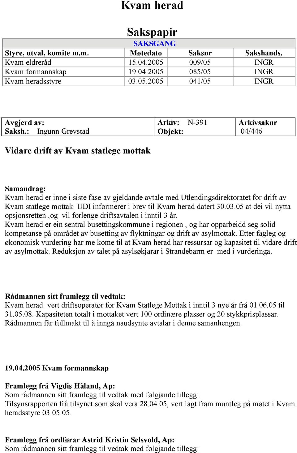 Kvam statlege mottak. UDI informerer i brev til Kvam herad datert 30.03.05 at dei vil nytta opsjonsretten,og vil forlenge driftsavtalen i inntil 3 år.