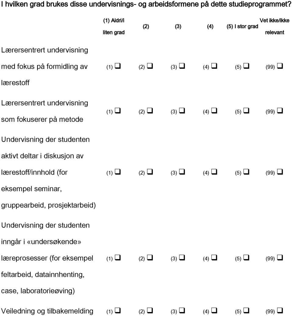 undervisning som fokuserer på metode Undervisning der studenten aktivt deltar i diskusjon av lærestoff/innhold (for eksempel seminar,