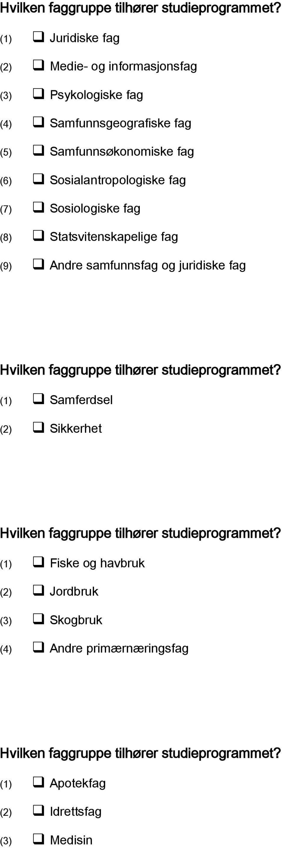 Sosialantropologiske fag (7) Sosiologiske fag (8) Statsvitenskapelige fag (9) Andre samfunnsfag og juridiske fag  (1) Samferdsel (2)