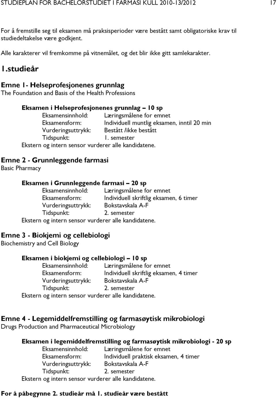 studieår Emne 1- Helseprofesjonenes grunnlag The Foundation and Basis of the Health Professions Eksamen i Helseprofesjonenes grunnlag 10 sp Eksamensinnhold: Læringsmålene for emnet Eksamensform: