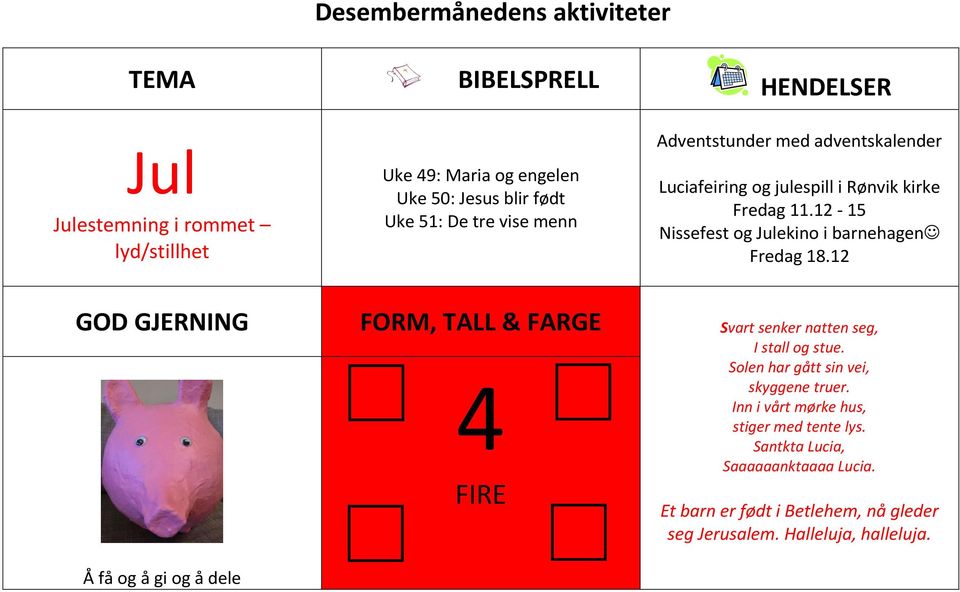 12-15 Nissefest og Julekino i barnehagen Fredag 18.12 GOD GJERNING FORM, TALL & FARGE Svart senker natten seg, I stall og stue.