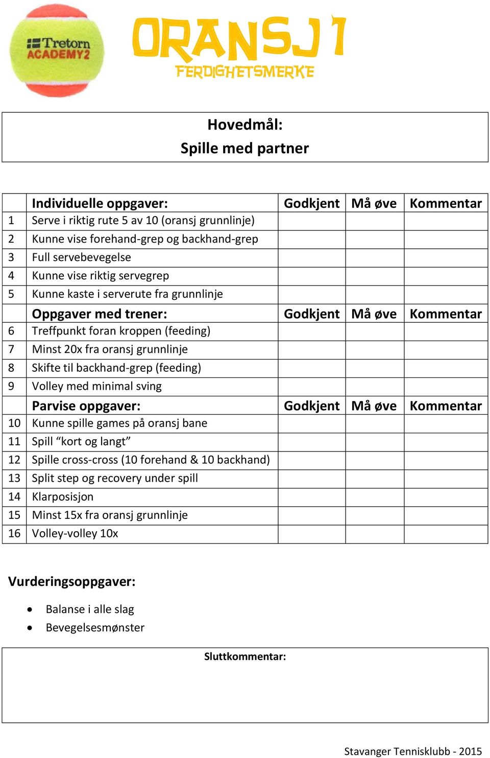 Skifte til backhand-grep (feeding) 9 Volley med minimal sving Parvise oppgaver: 10 Kunne spille games på oransj bane 11 Spill kort og langt 12 Spille cross-cross (10 forehand & 10