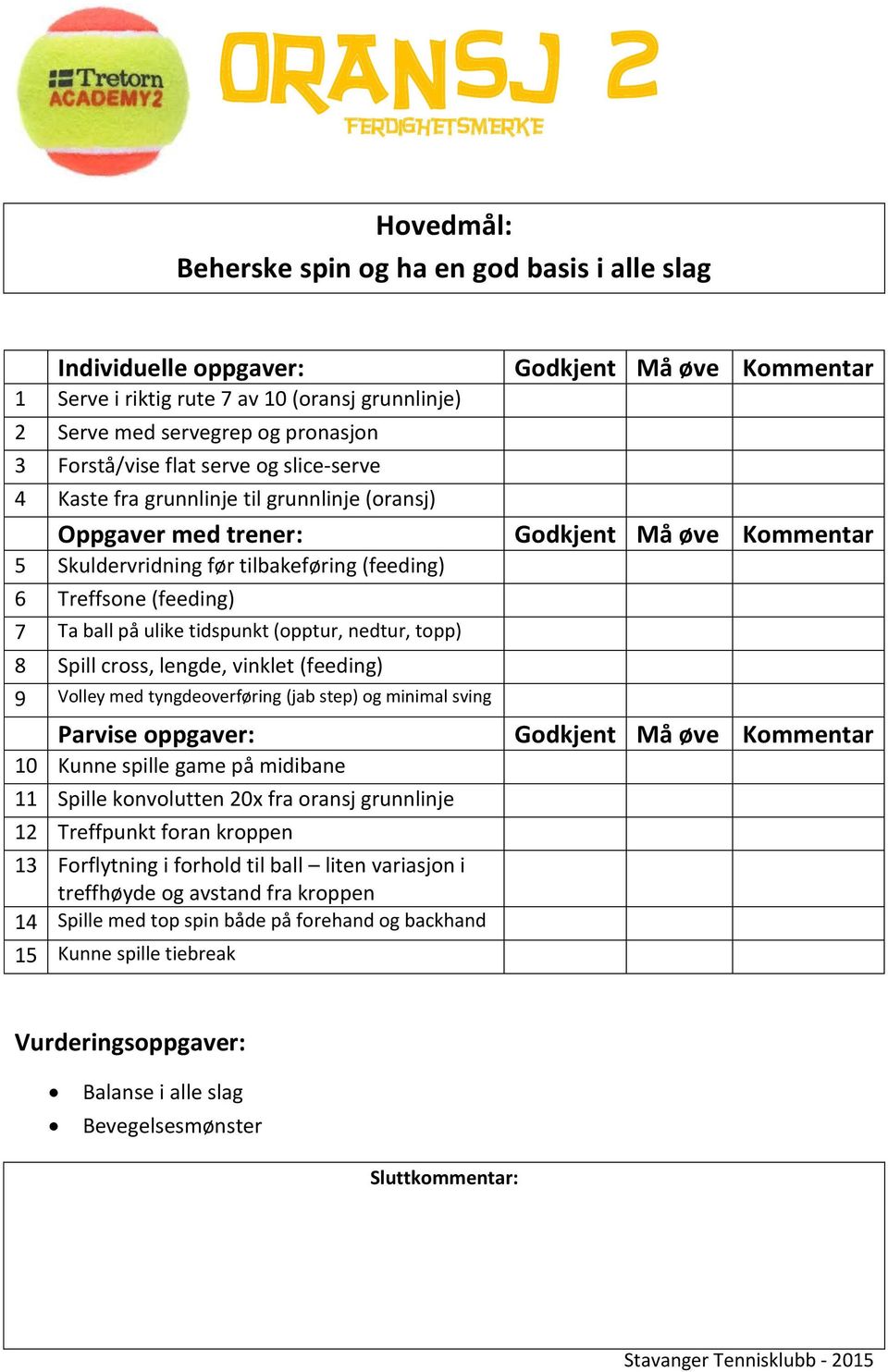 tidspunkt (opptur, nedtur, topp) 8 Spill cross, lengde, vinklet (feeding) 9 Volley med tyngdeoverføring (jab step) og minimal sving Parvise oppgaver: 10 Kunne spille game på midibane 11 Spille