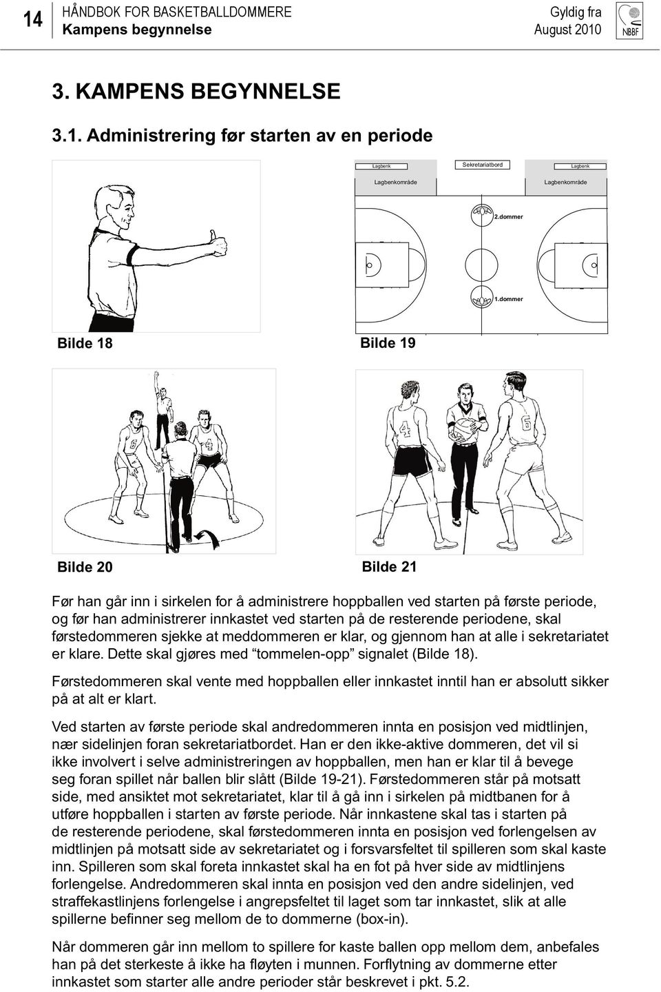 periodene, skal førstedommeren sjekke at meddommeren er klar, og gjennom han at alle i sekretariatet er klare. Dette skal gjøres med tommelen-opp signalet (Bilde 18).