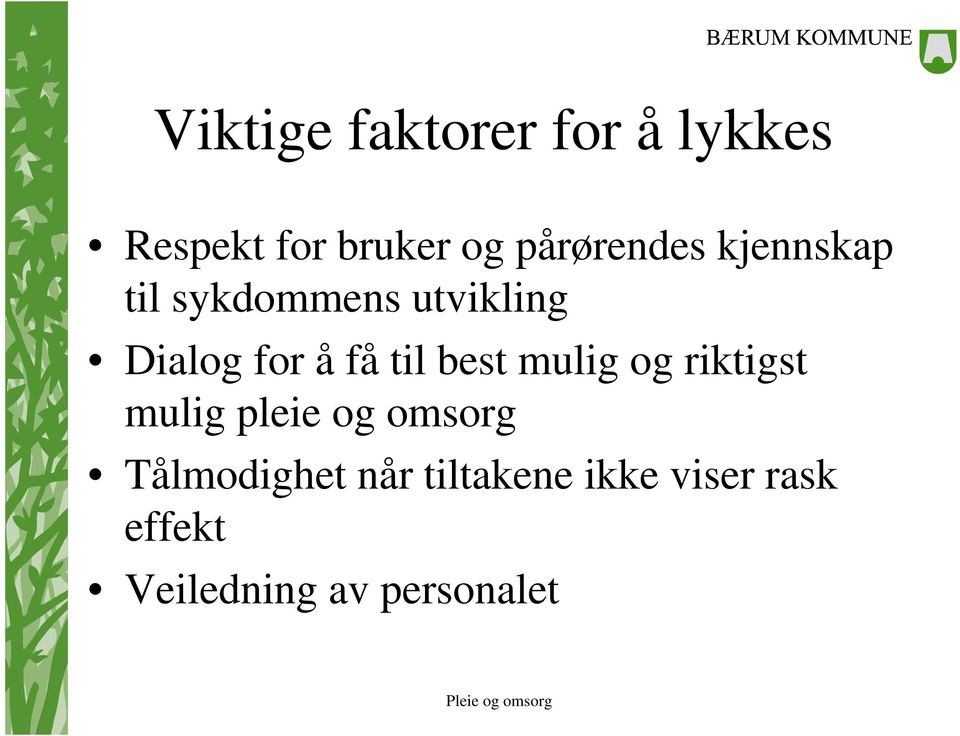 få til best mulig og riktigst mulig pleie og omsorg