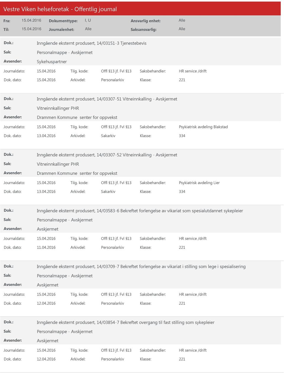 2016 Arkivdel: Sakarkiv 334 Inngående eksternt produsert, 14/03307-52 Vitneinnkalling - Vitneinnkallinger PHR Drammen Kommune senter for oppvekst Psykiatrisk avdeling Lier Dok. dato: 13.04.