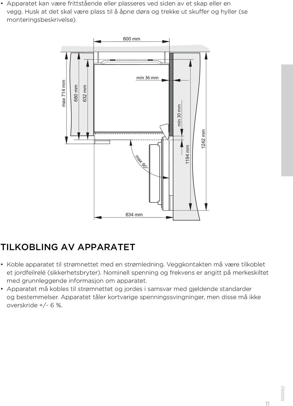 600 mm min 36 mm 1194 mm 1242 mm max 714 mm 680 mm 632 mm min 30 mm max 90 634 mm TILKOBLING AV APPARATET Koble apparatet til strømnettet med en strømledning.