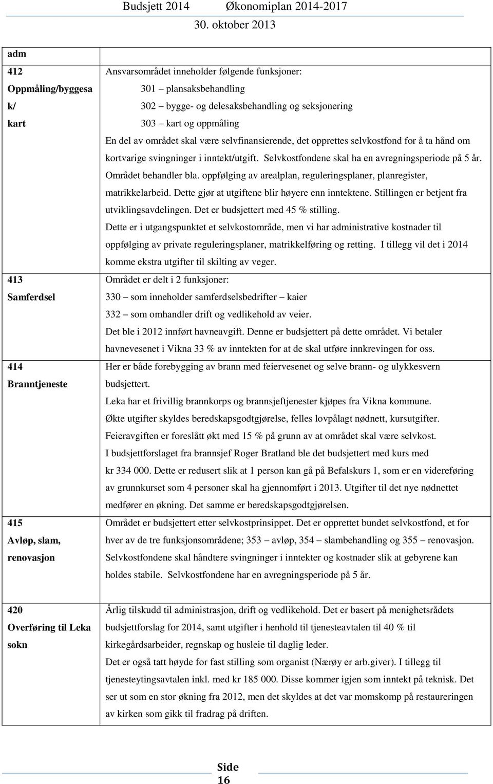 Selvkostfondene skal ha en avregningsperiode på 5 år. Området behandler bla. oppfølging av arealplan, reguleringsplaner, planregister, matrikkelarbeid.