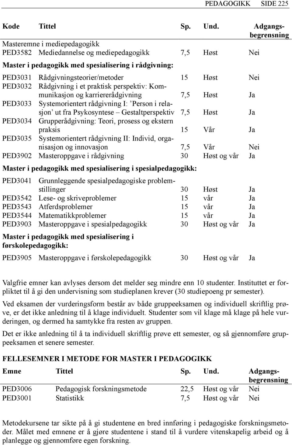 Nei PED3032 Rådgivning i et praktisk perspektiv: Kommunikasjon og karriererådgivning 7,5 Høst Ja PED3033 Systemorientert rådgivning I: Person i relasjon ut fra Psykosyntese Gestaltperspektiv 7,5 Høst