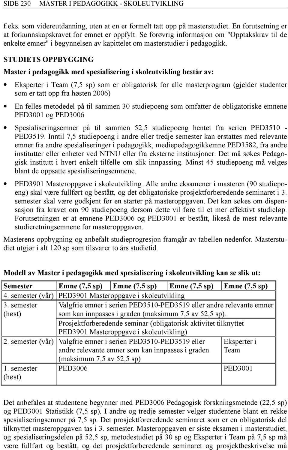 STUDIETS OPPBYGGING Master i pedagogikk med spesialisering i skoleutvikling består av: Eksperter i Team (7,5 sp) som er obligatorisk for alle masterprogram (gjelder studenter som er tatt opp fra