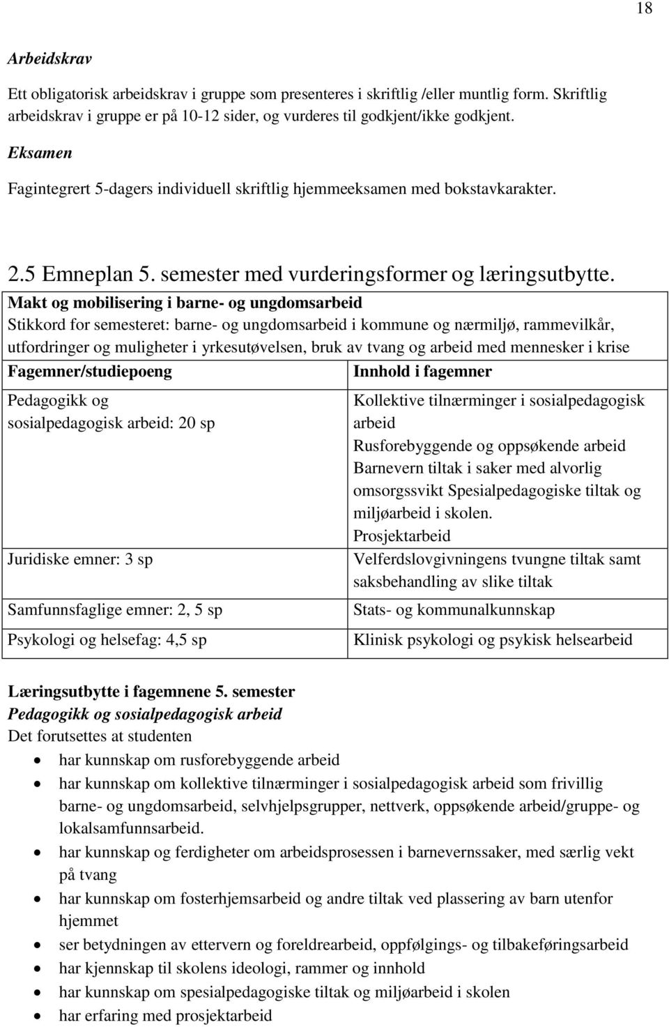 Makt og mobilisering i barne- og ungdomsarbeid Stikkord for semesteret: barne- og ungdomsarbeid i kommune og nærmiljø, rammevilkår, utfordringer og muligheter i yrkesutøvelsen, bruk av tvang og