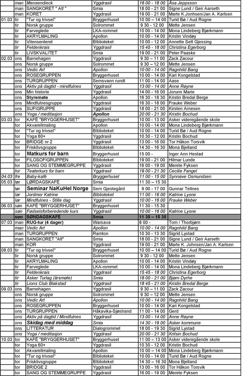 03 ons Barnehagen Yggdrasil 9 30 11 00 Zack Zacour ons TURGRUPPEN Semsvann rundt 11 00-14 00 Aase ons Styremøte Apollon 16 30-18 30 Kristin Bredal Berge ons Mindfulnesgruppe Yggdrasil 16 30-18 00