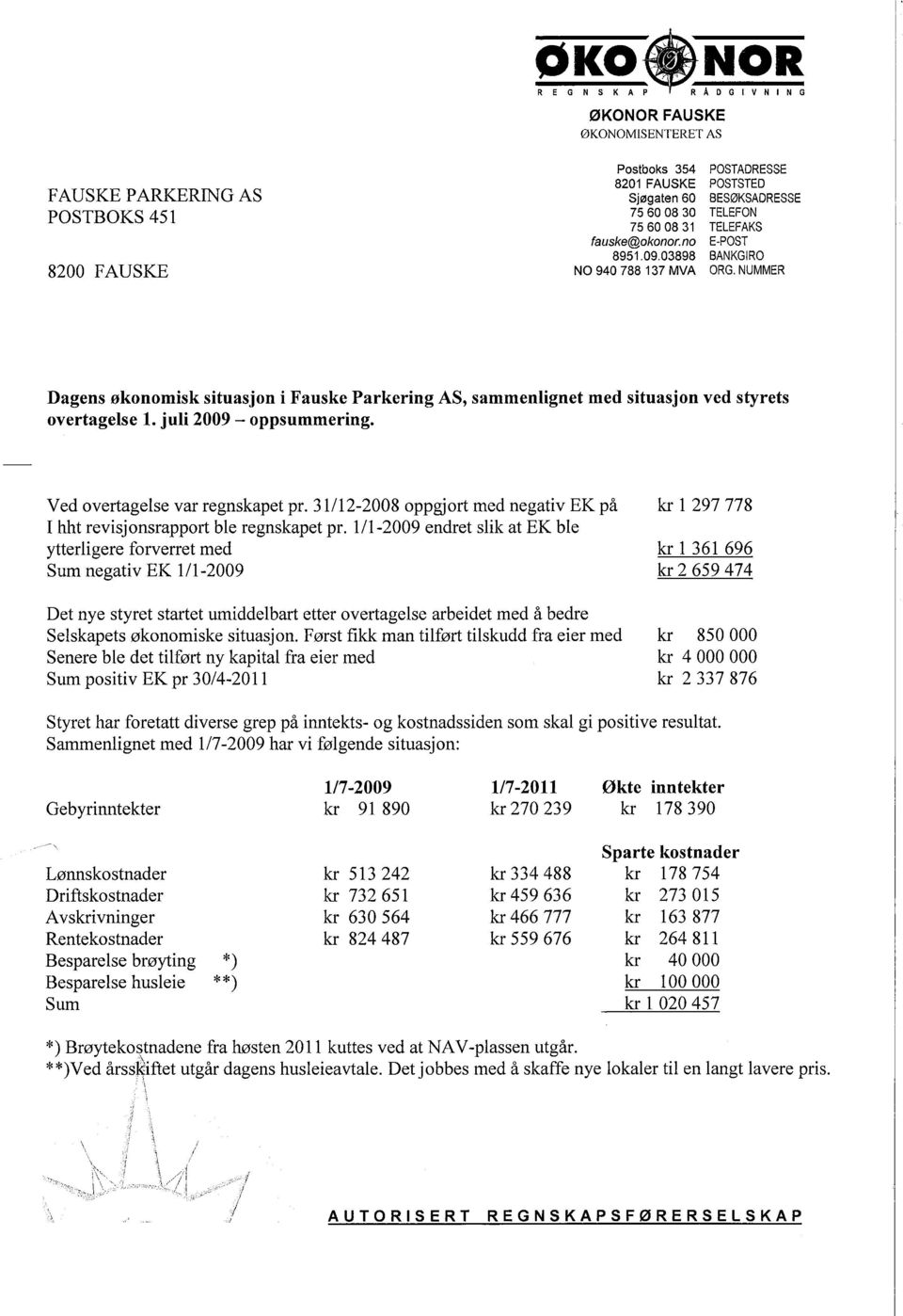 juli 2009 - oppsummering. Ved overtagelse var regnskapet pr. 31/12-2008 oppgjort med negativ EK på I hht revisjonsrapport ble regnskapet pr.