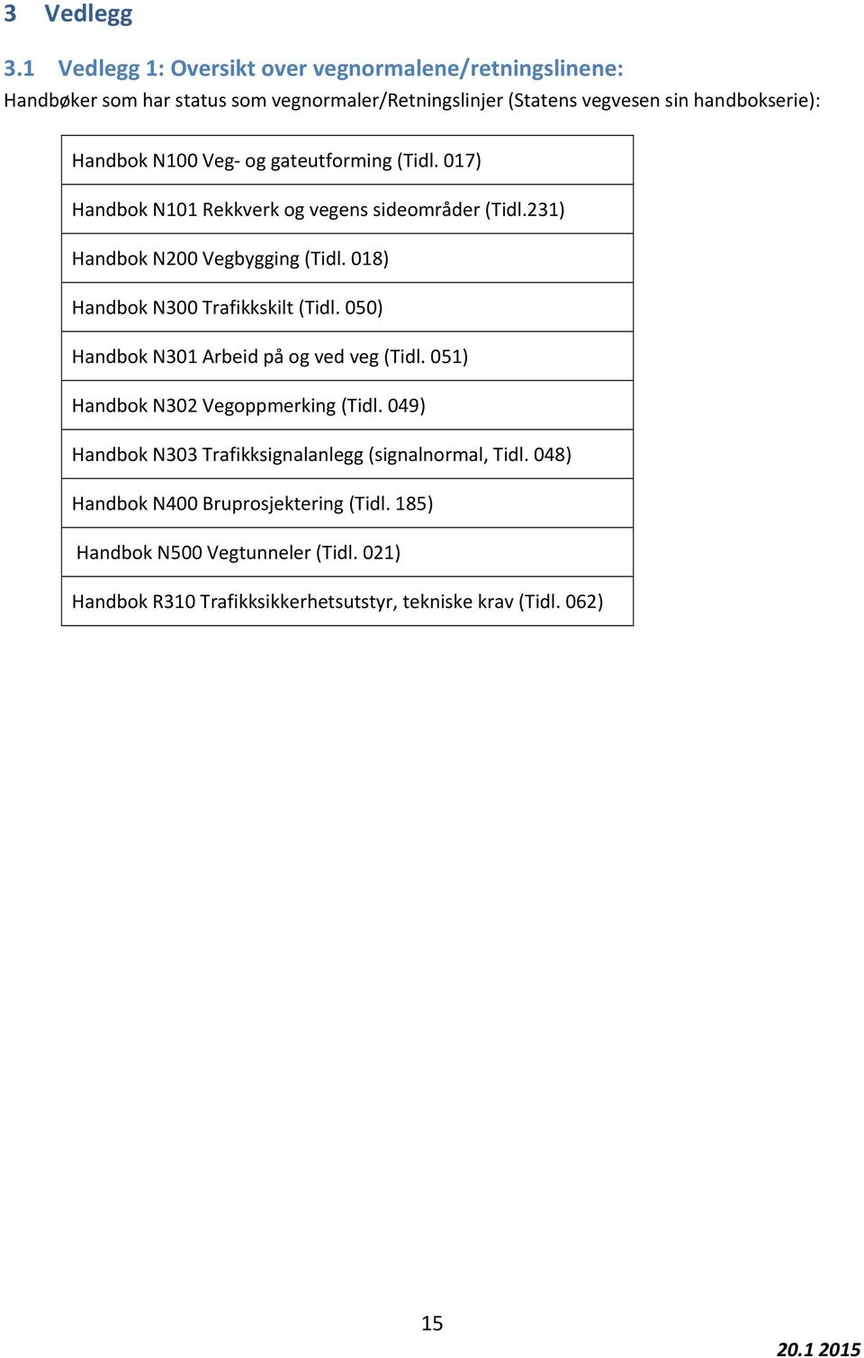 N100 Veg og gateutforming (Tidl. 017) Handbok N101 Rekkverk og vegens sideområder (Tidl.231) Handbok N200 Vegbygging (Tidl.