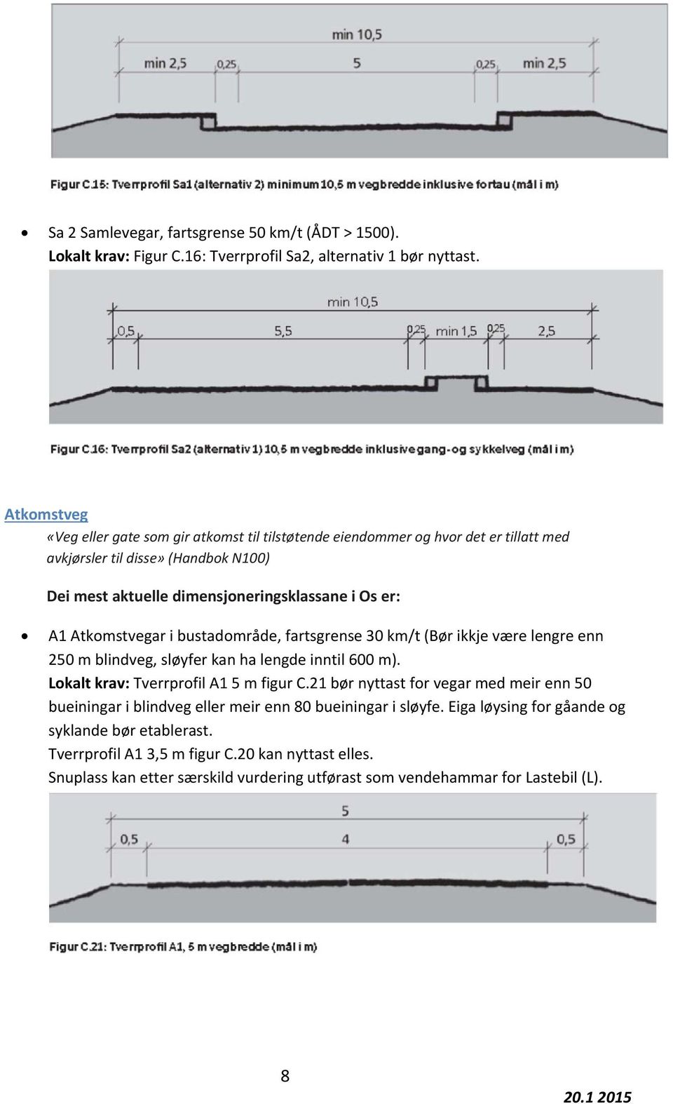 Atkomstvegar i bustadområde, fartsgrense 30 km/t (Bør ikkje være lengre enn 250 m blindveg, sløyfer kan ha lengde inntil 600 m). Lokalt krav: Tverrprofil A1 5 m figur C.