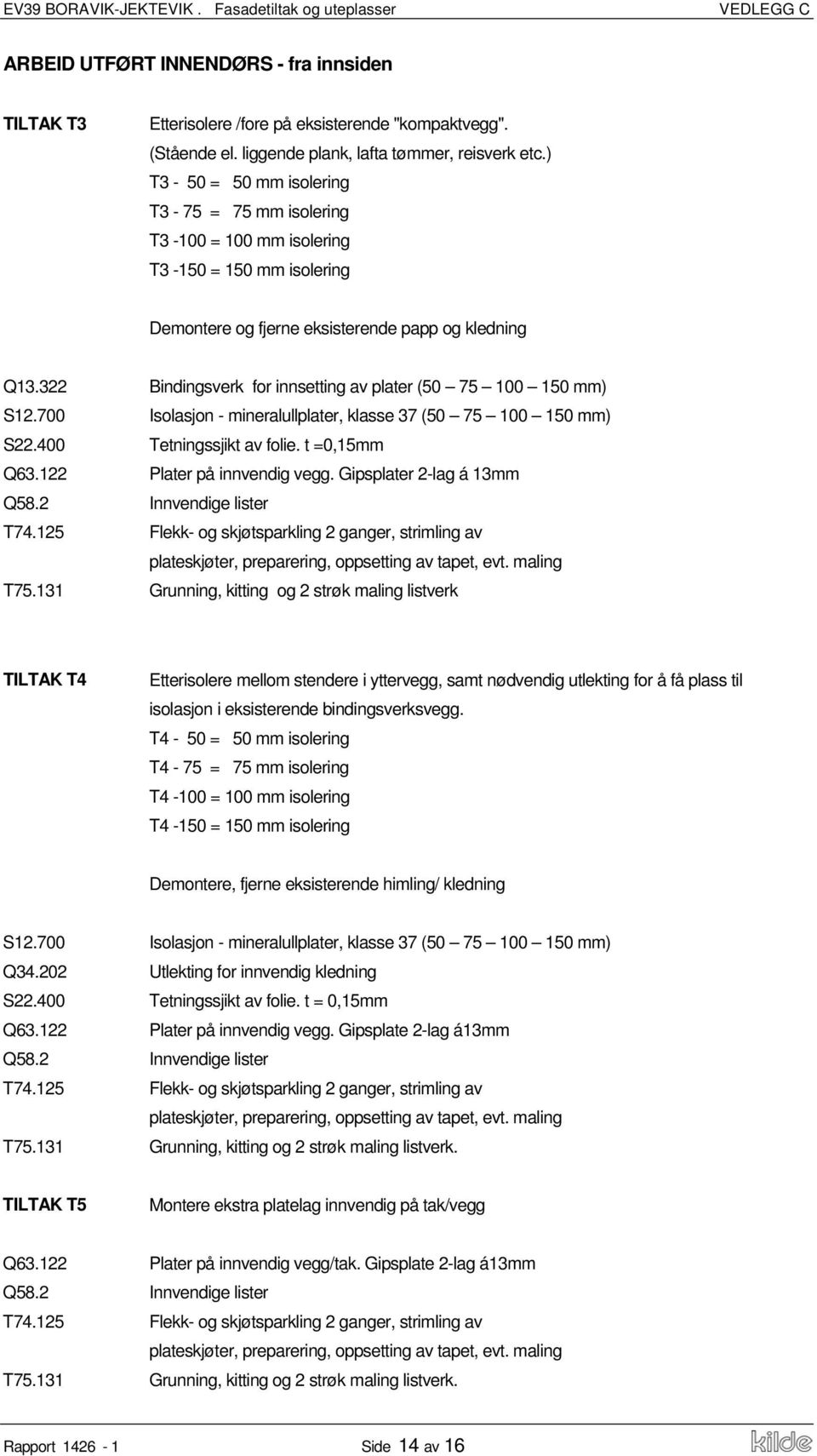 322 Bindingsverk for innsetting av plater (50 75 100 150 mm) S12.700 Isolasjon - mineralullplater, klasse 37 (50 75 100 150 mm) S22.400 Tetningssjikt av folie. t =0,15mm Q63.