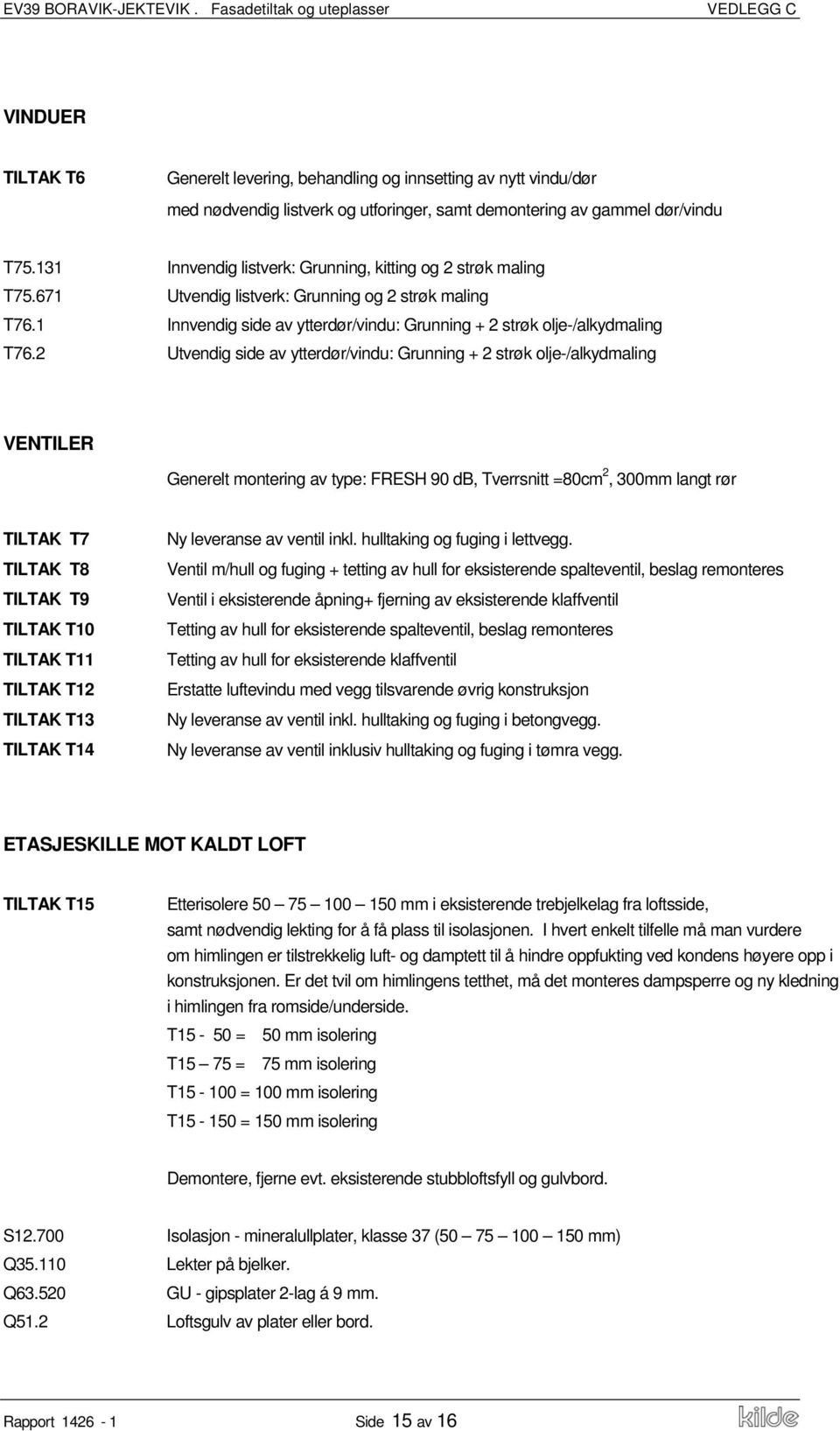 2 Utvendig side av ytterdør/vindu: Grunning + 2 strøk olje-/alkydmaling VENTILER Generelt montering av type: FRESH 90 db, Tverrsnitt =80cm 2, 300mm langt rør TILTAK T7 TILTAK T8 TILTAK T9 TILTAK T10