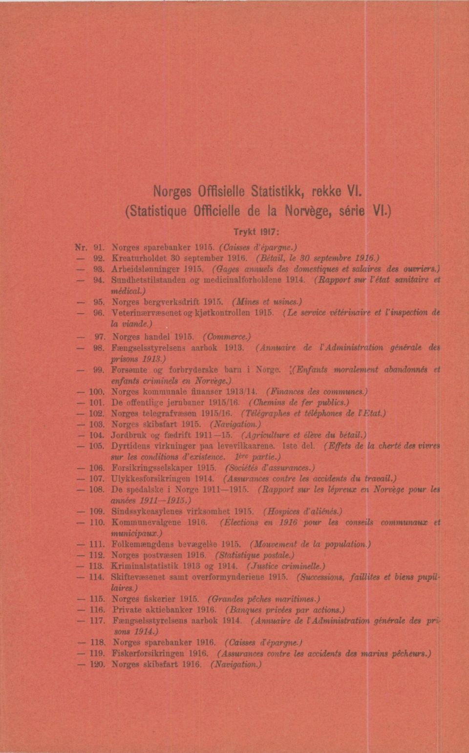 bergverksdrift 1915 (Mines et usines) 96 Veterinærvæsenet og kjetkontrollen 1915 (Le service vétérinaire et l'inspection de la viande) 97 Norges handel 1915 (Commerce) 98 Fængselsstyrelsens aarbok