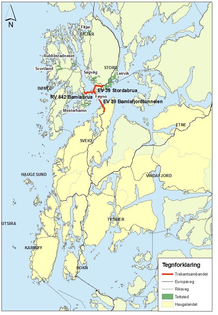 Trekantsambandet Type vegtiltak Trekantsambandet Fastlandsforbindelse Åpningsår 2001 Berørte kommuner Bømlo, Stord, Fitjar Befolkning 31 000