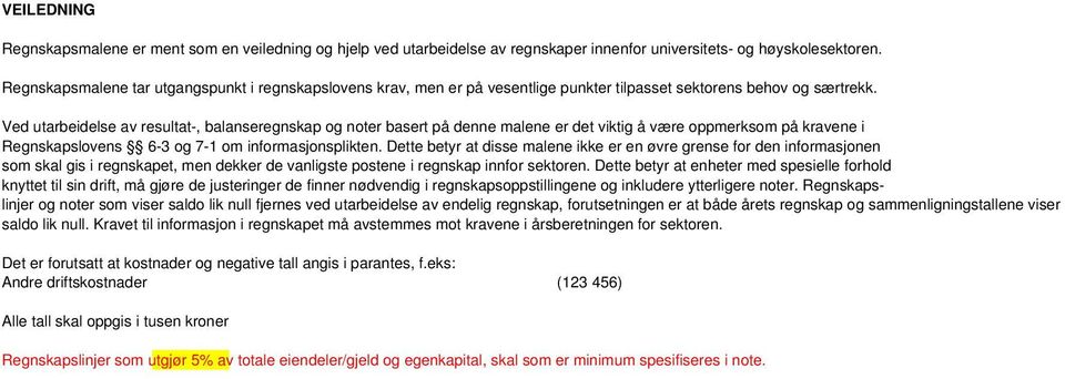 Ved utarbeidelse av resultat-, balanseregnskap og noter basert på denne malene er det viktig å være oppmerksom på kravene i Regnskapslovens 6-3 og 7-1 om informasjonsplikten.