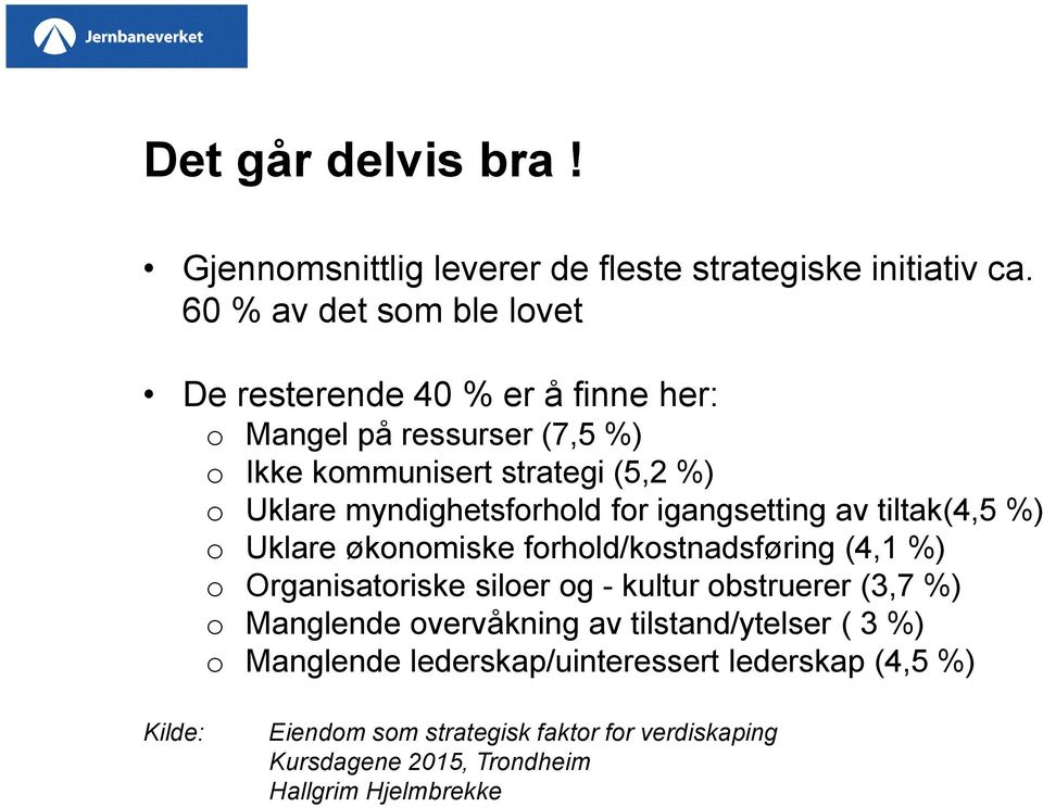 myndighetsforhold for igangsetting av tiltak(4,5 %) o Uklare økonomiske forhold/kostnadsføring (4,1 %) o Organisatoriske siloer og - kultur