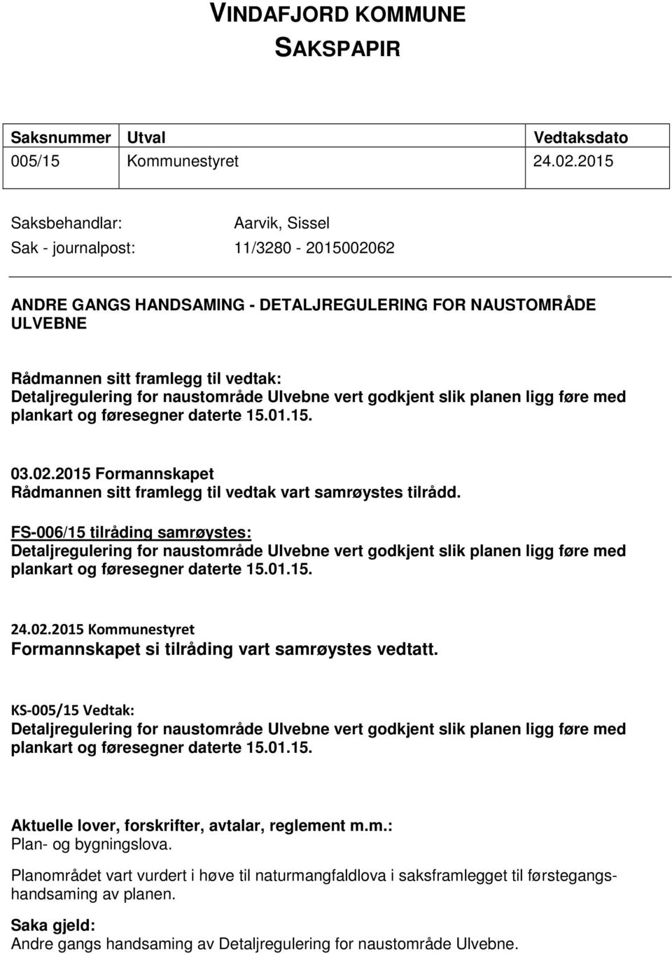 FS-006/15 tilråding samrøystes: 24.02.2015 Kommunestyret Formannskapet si tilråding vart samrøystes vedtatt. KS-005/15 Vedtak: Aktuelle lover, forskrifter, avtalar, reglement m.m.: Plan- og bygningslova.