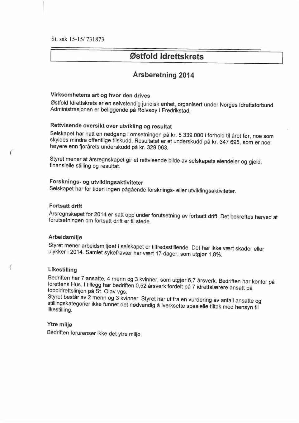 000 i forhold til året før, noe som skyldes mindre offentlige tilskudd. Resultatet er et underskudd på kr. 347 695, som er noe høyere enn fjorårets underskudd på kr. 329 063.