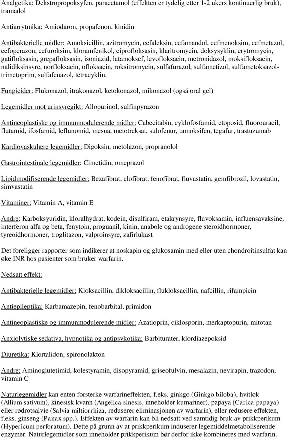 isoniazid, latamoksef, levofloksacin, metronidazol, moksifloksacin, nalidiksinsyre, norfloksacin, ofloksacin, roksitromycin, sulfafurazol, sulfametizol, sulfametoksazoltrimetoprim, sulfafenazol,