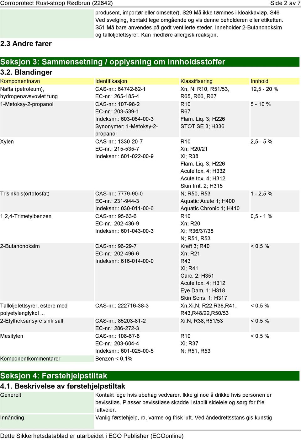 Kan medføre allergisk reaksjon. Seksjon 3: Sammensetning / opplysning om innholdsstoffer 3.2.