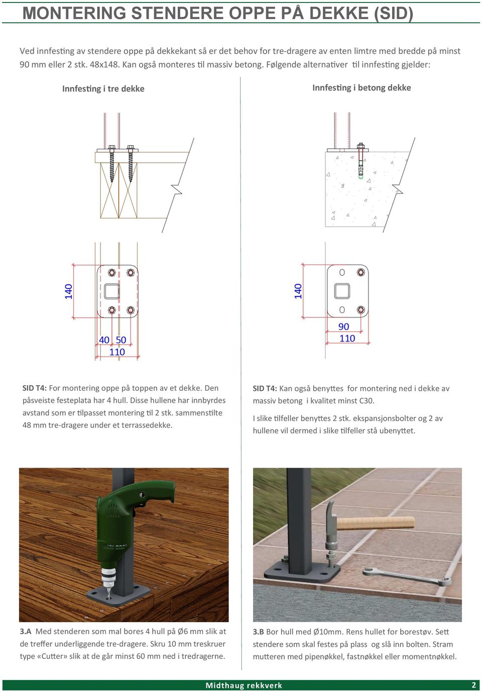 Den påsveiste festeplata har 4 hull. Disse hullene har innbyrdes avstand som er lpasset montering l 2 stk. sammenslte 48 mm tre-dragere under et terrassedekke.