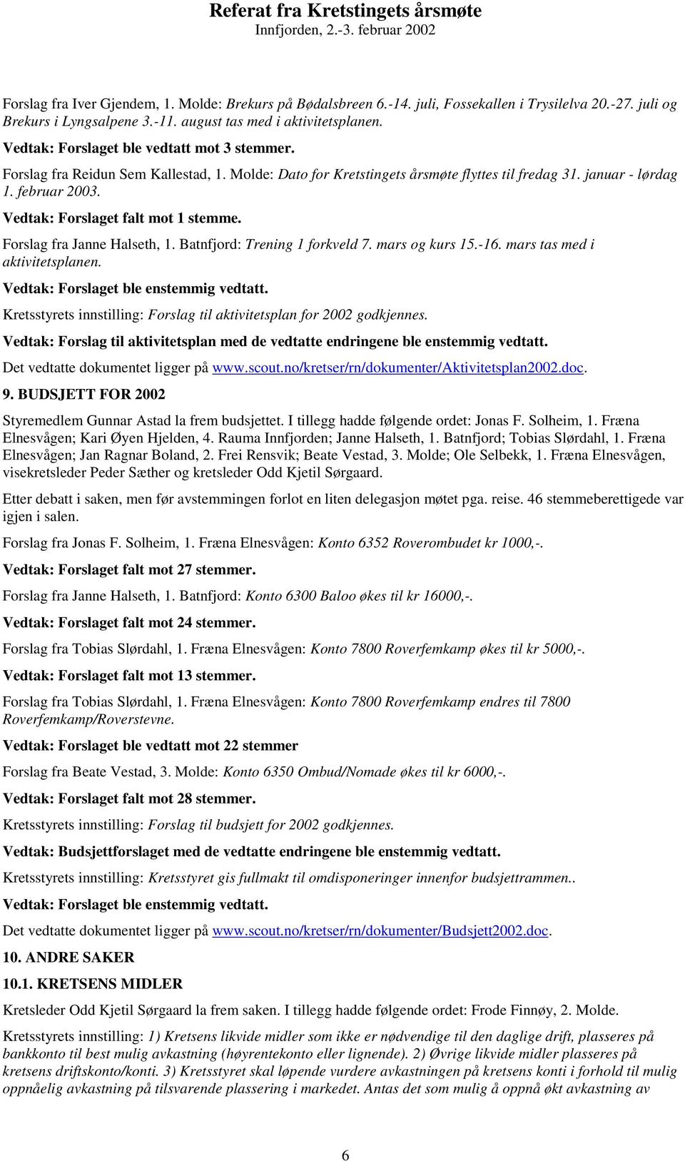 Vedtak: Forslaget falt mot 1 stemme. Forslag fra Janne Halseth, 1. Batnfjord: Trening 1 forkveld 7. mars og kurs 15.-16. mars tas med i aktivitetsplanen. Vedtak: Forslaget ble enstemmig vedtatt.