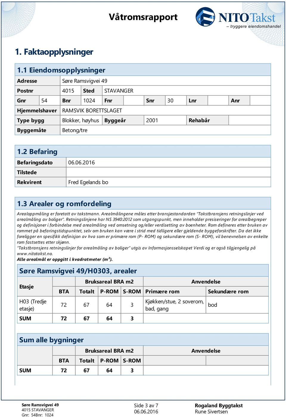 Byggemåte Betong/tre 1.2 Befaring Befaringsdato Tilstede Rekvirent Fred Egelands bo 1.3 Arealer og romfordeling Arealoppmåling er foretatt av takstmann.