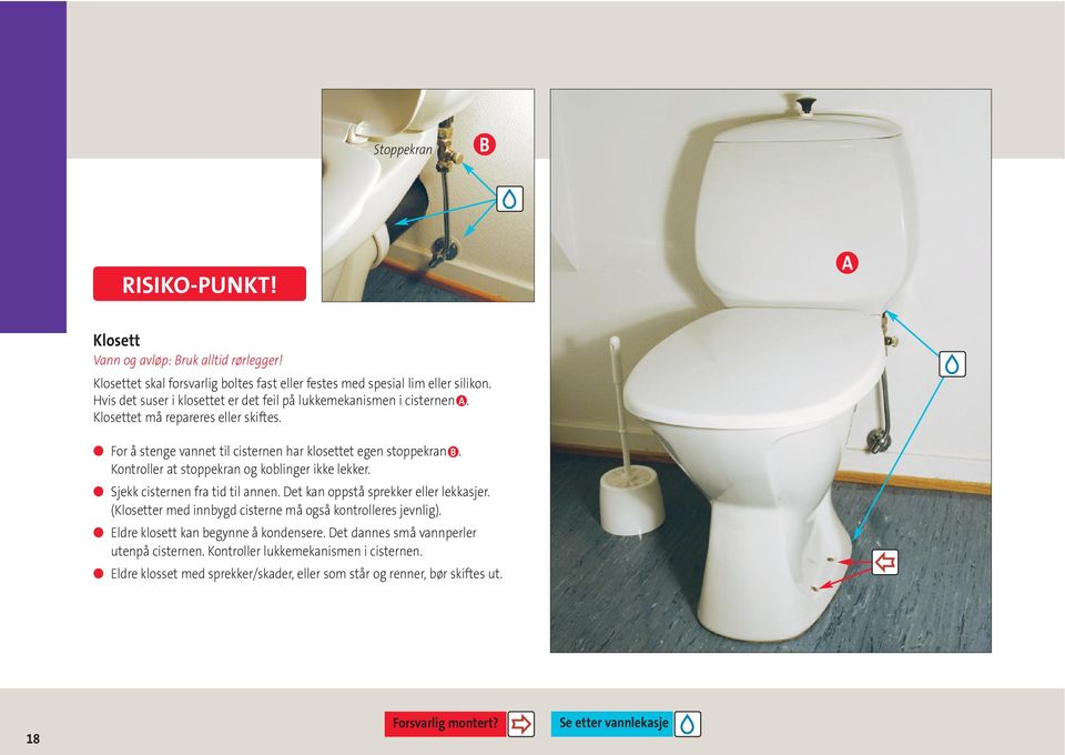 Kontroller at stoppekran og koblinger ikke lekker. Sjekk cisternen fra tid til annen. Det kan oppstå sprekker eller lekkasjer. (Klosetter med innbygd cisterne må også kontrolleres jevnlig).