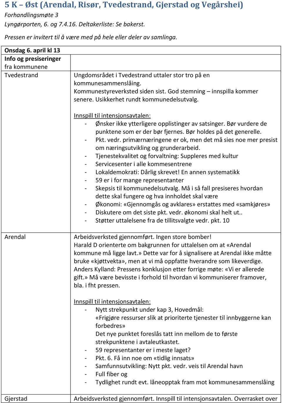 april kl 13 Info og presiseringer fra kommunene Tvedestrand Ungdomsrådet i Tvedestrand uttaler stor tro på en kommunesammenslåing. Kommunestyreverksted siden sist.