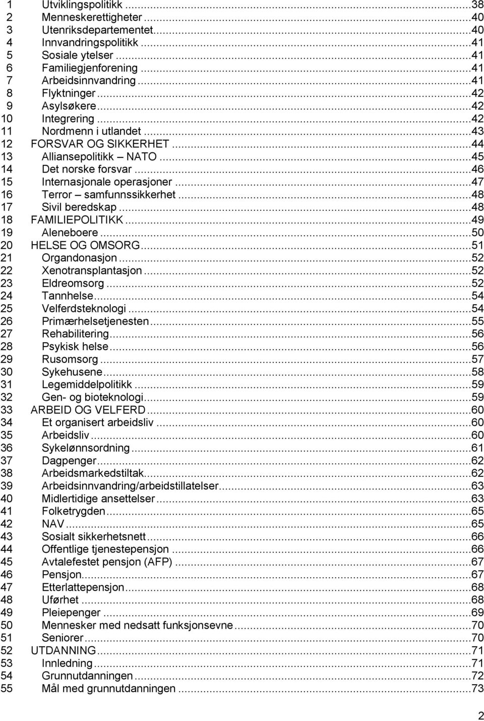 .. FAMILIEPOLITIKK... Aleneboere...0 HELSE OG OMSORG...1 Organdonasjon... Xenotransplantasjon... Eldreomsorg... Tannhelse... Velferdsteknologi... Primærhelsetjenesten... Rehabilitering... Psykisk helse.