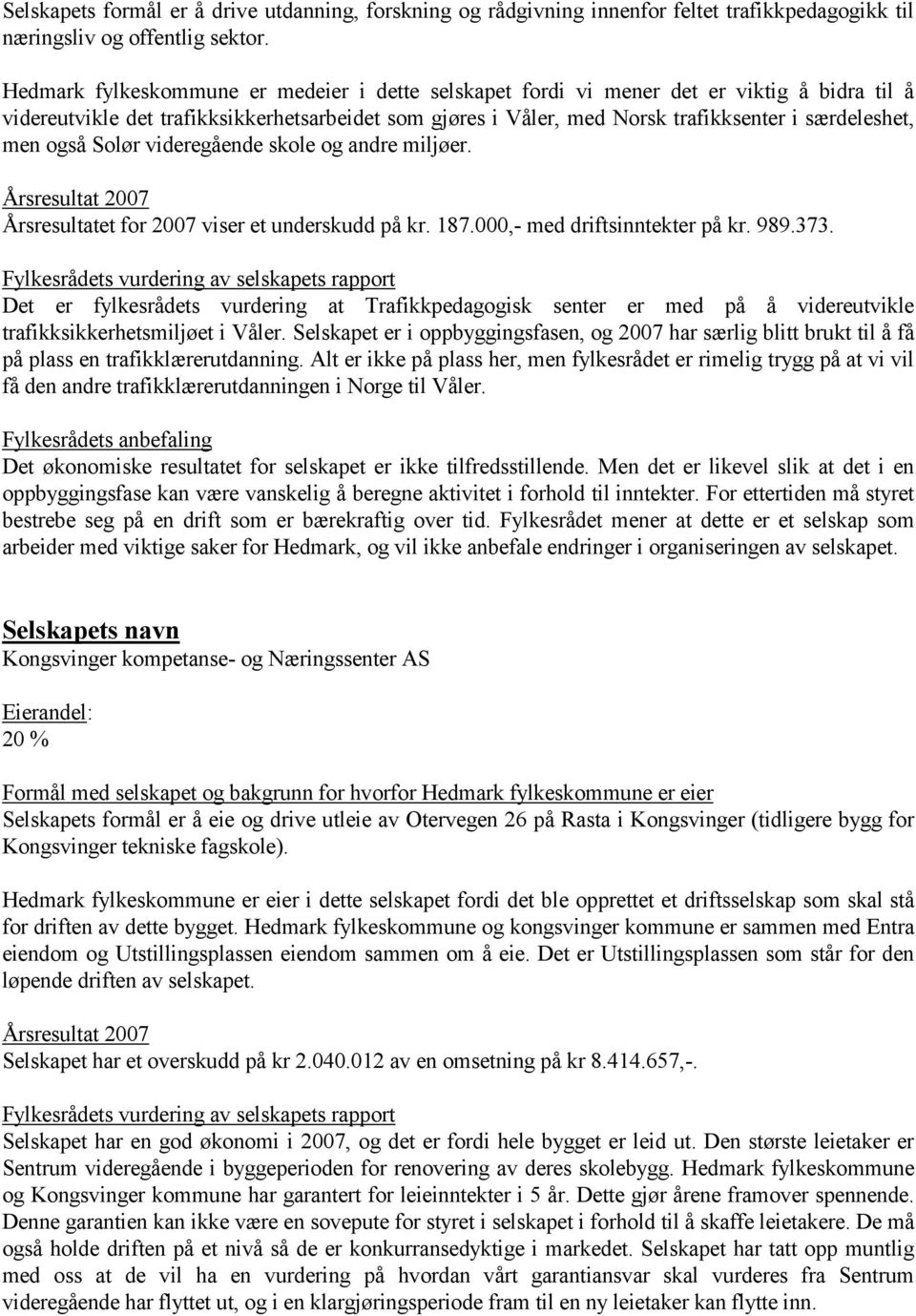 men også Solør videregående skole og andre miljøer. Årsresultatet for 2007 viser et underskudd på kr. 187.000,- med driftsinntekter på kr. 989.373.