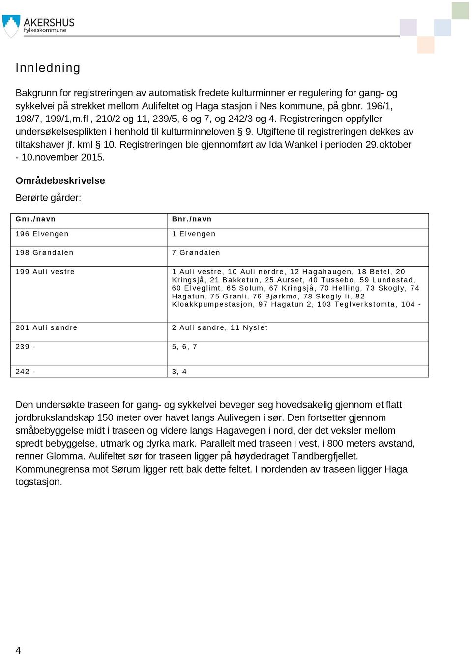 Utgiftene til registreringen dekkes av tiltakshaver jf. kml 10. Registreringen ble gjennomført av Ida Wankel i perioden 29.oktober - 10.november 2015. Områdebeskrivelse Berørte gårder: Gnr./navn Bnr.