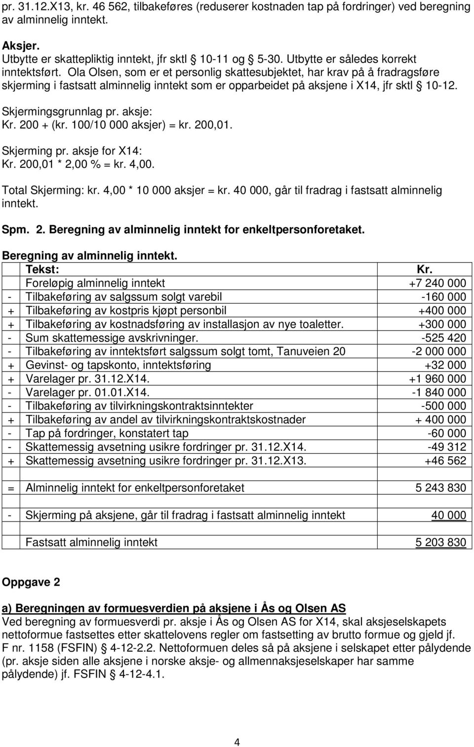 Ola Olsen, som er et personlig skattesubjektet, har krav på å fradragsføre skjerming i fastsatt alminnelig inntekt som er opparbeidet på aksjene i X14, jfr sktl 10-12. Skjermingsgrunnlag pr.