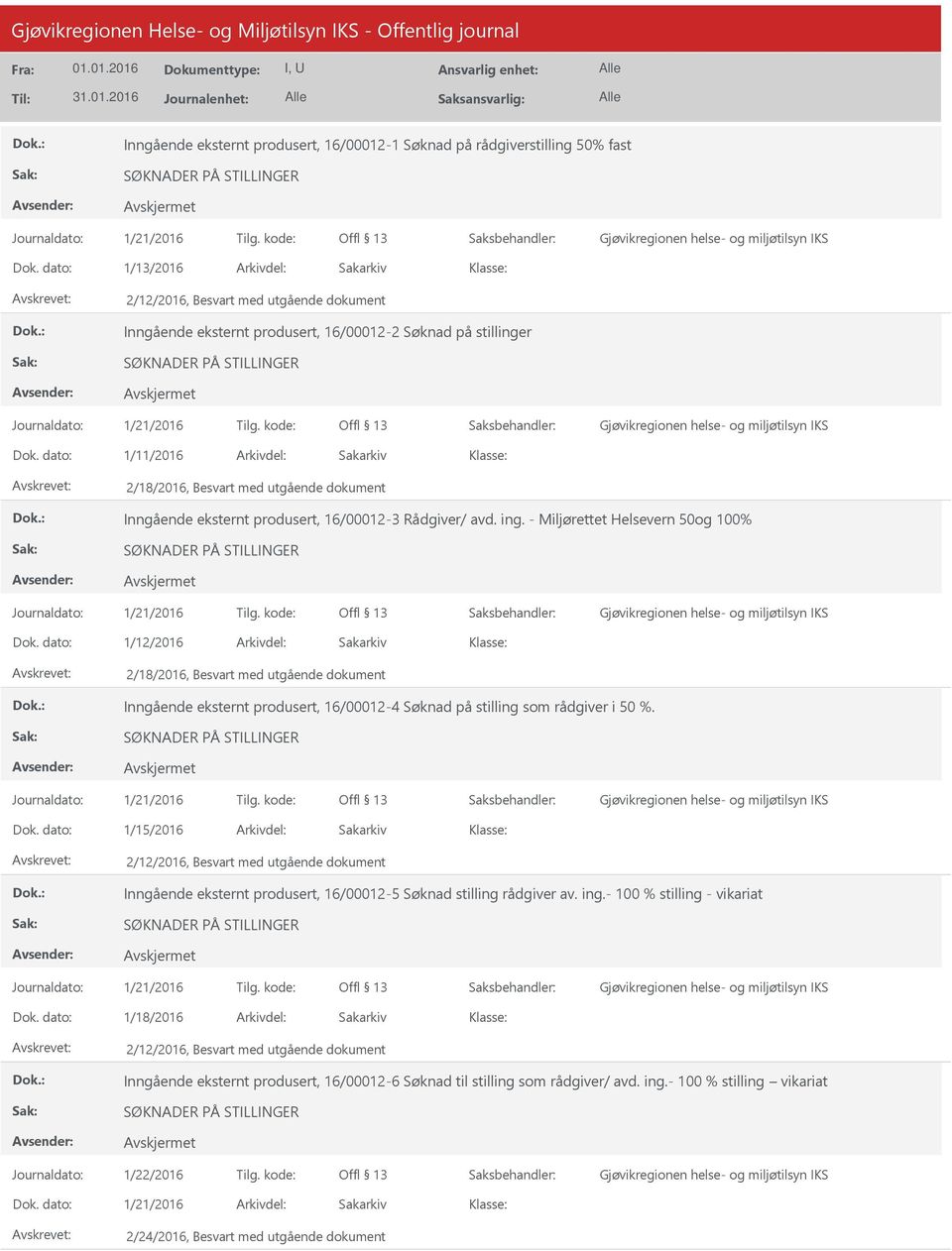 - Miljørettet Helsevern og 1% 1/12/216 2/18/216, Besvart med utgående dokument Inngående eksternt produsert, 16/12-4 Søknad på stilling som rådgiver i %.