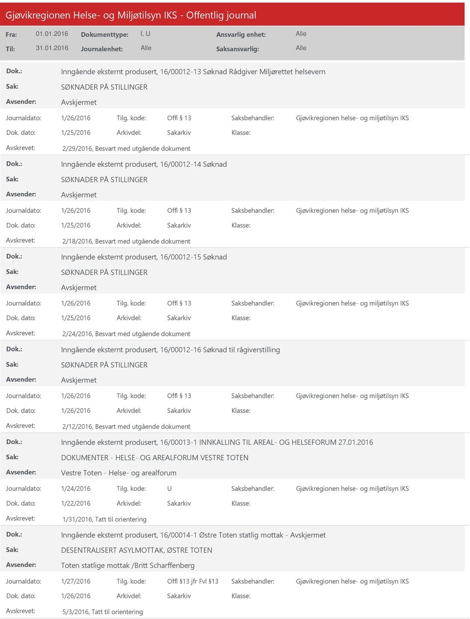 dokument Inngående eksternt produsert, 16/13-1 INNKALLING TIL AREAL- OG HELSEFORM 27.1.216 DOKMENTER - HELSE- OG AREALFORM VESTRE TOTEN Vestre Toten - Helse- og arealforum Journaldato: 1/24/216 Tilg.