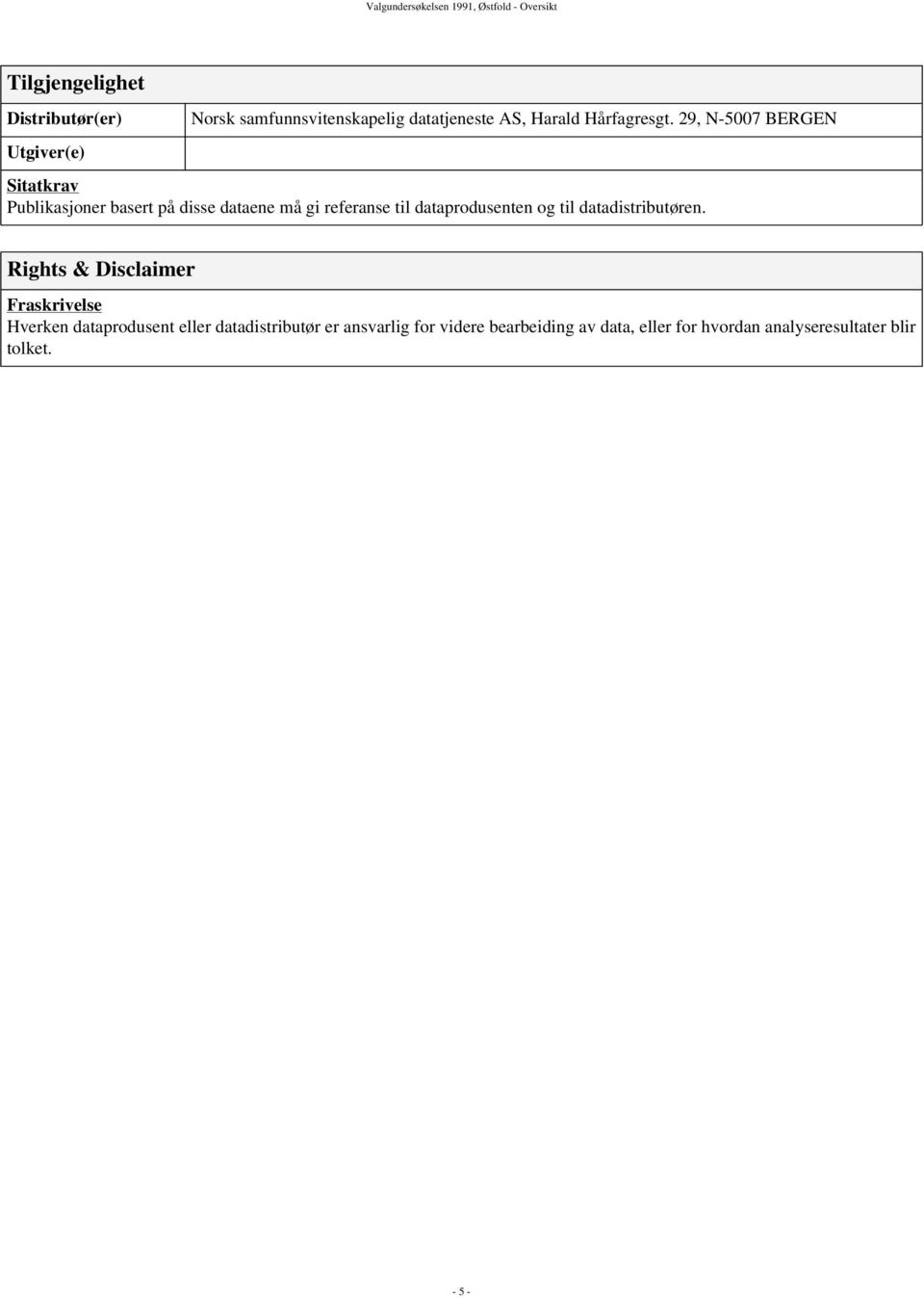 29, N-5007 BERGEN Sitatkrav Publikasjoner basert på disse dataene må gi referanse til dataprodusenten og til