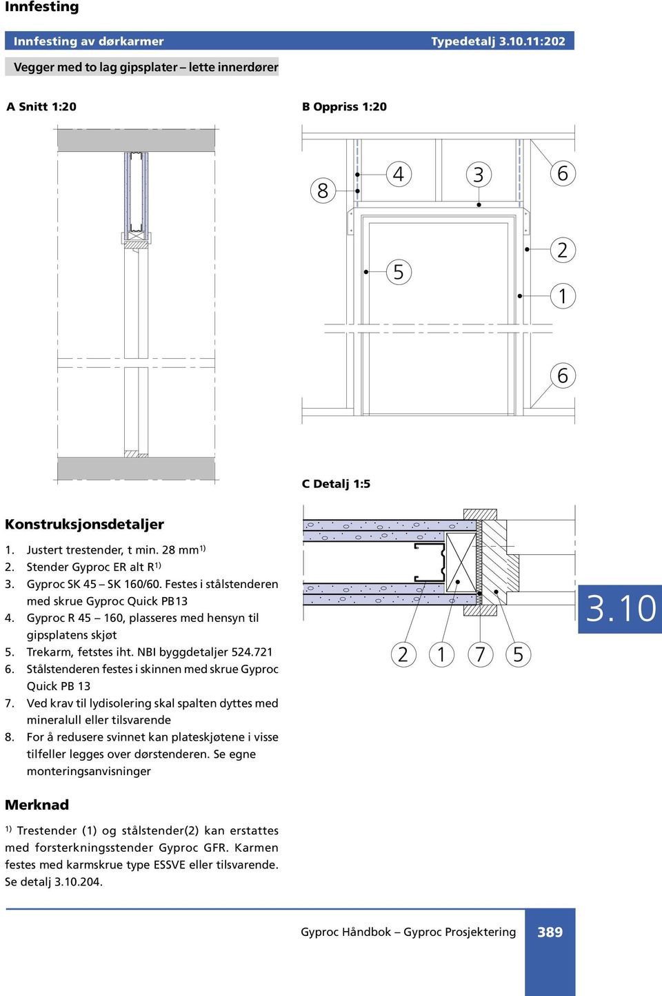 Stålstenderen festes i skinnen med skrue Gyproc Quick PB 3 7. Ved krav til lydisolering skal spalten dyttes med mineralull eller tilsvarende 8.