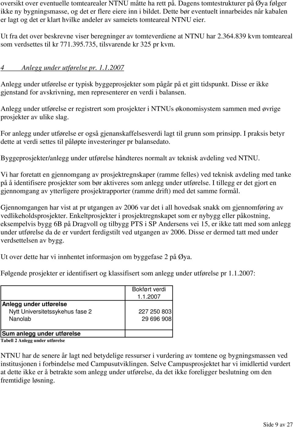 839 kvm tomteareal som verdsettes til kr 771.395.735, tilsvarende kr 325 pr kvm. 4 Anlegg under utførelse pr. 1.1.2007 Anlegg under utførelse er typisk byggeprosjekter som pågår på et gitt tidspunkt.