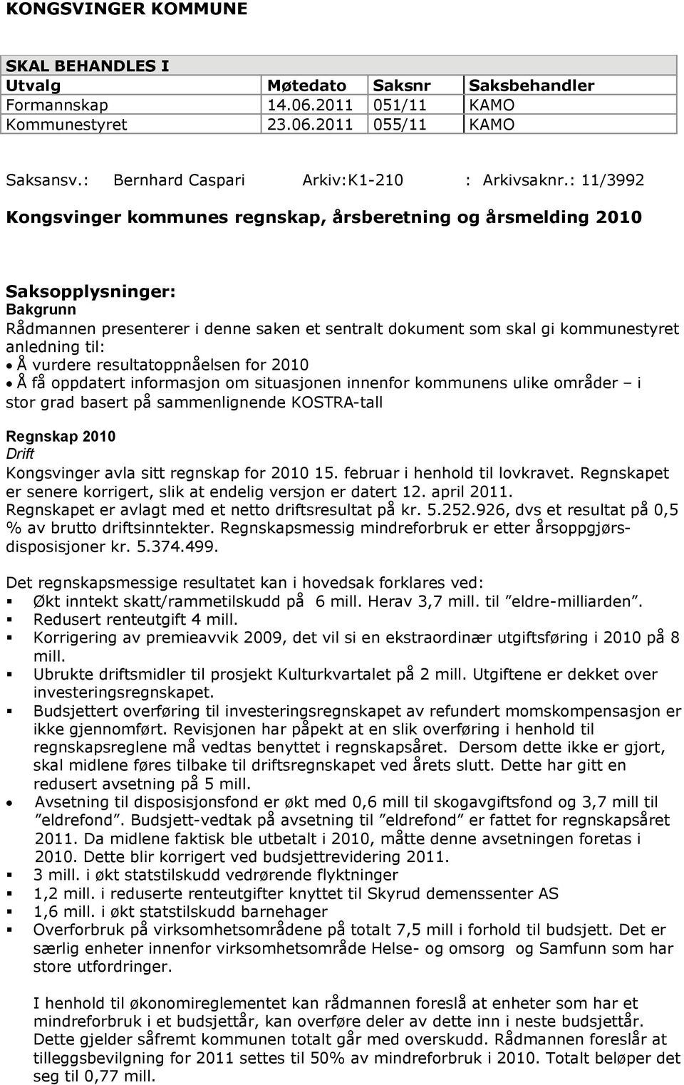 vurdere resultatoppnåelsen for 2010 Å få oppdatert informasjon om situasjonen innenfor kommunens ulike områder i stor grad basert på sammenlignende KOSTRA-tall Regnskap 2010 Drift Kongsvinger avla