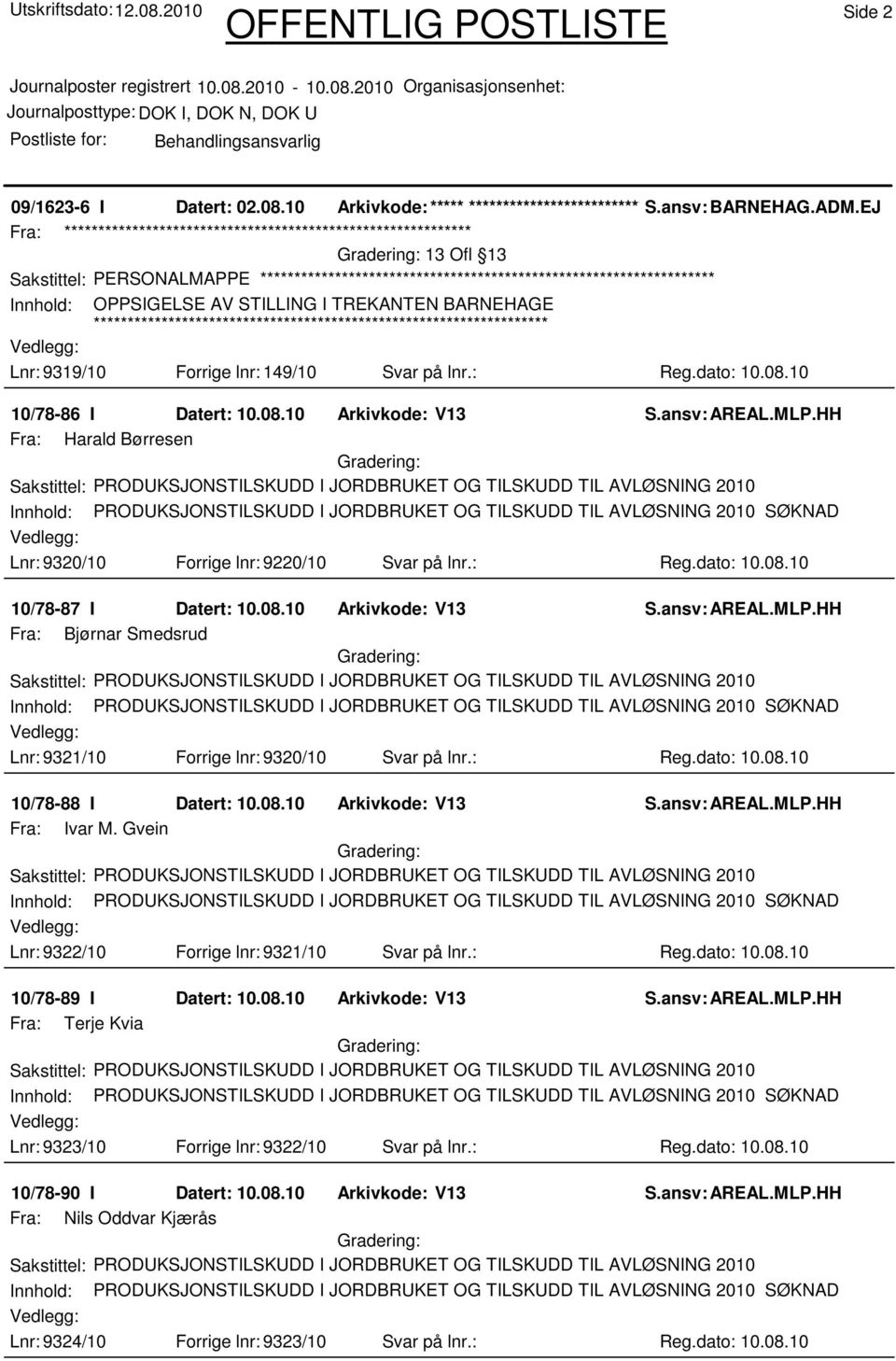 10 10/78-86 I Datert: 10.08.10 Arkivkode: V13 Fra: Harald Børresen Lnr: 9320/10 Forrige lnr: 9220/10 Svar på lnr.: Reg.dato: 10.08.10 10/78-87 I Datert: 10.08.10 Arkivkode: V13 Fra: Bjørnar Smedsrud Lnr: 9321/10 Forrige lnr: 9320/10 Svar på lnr.