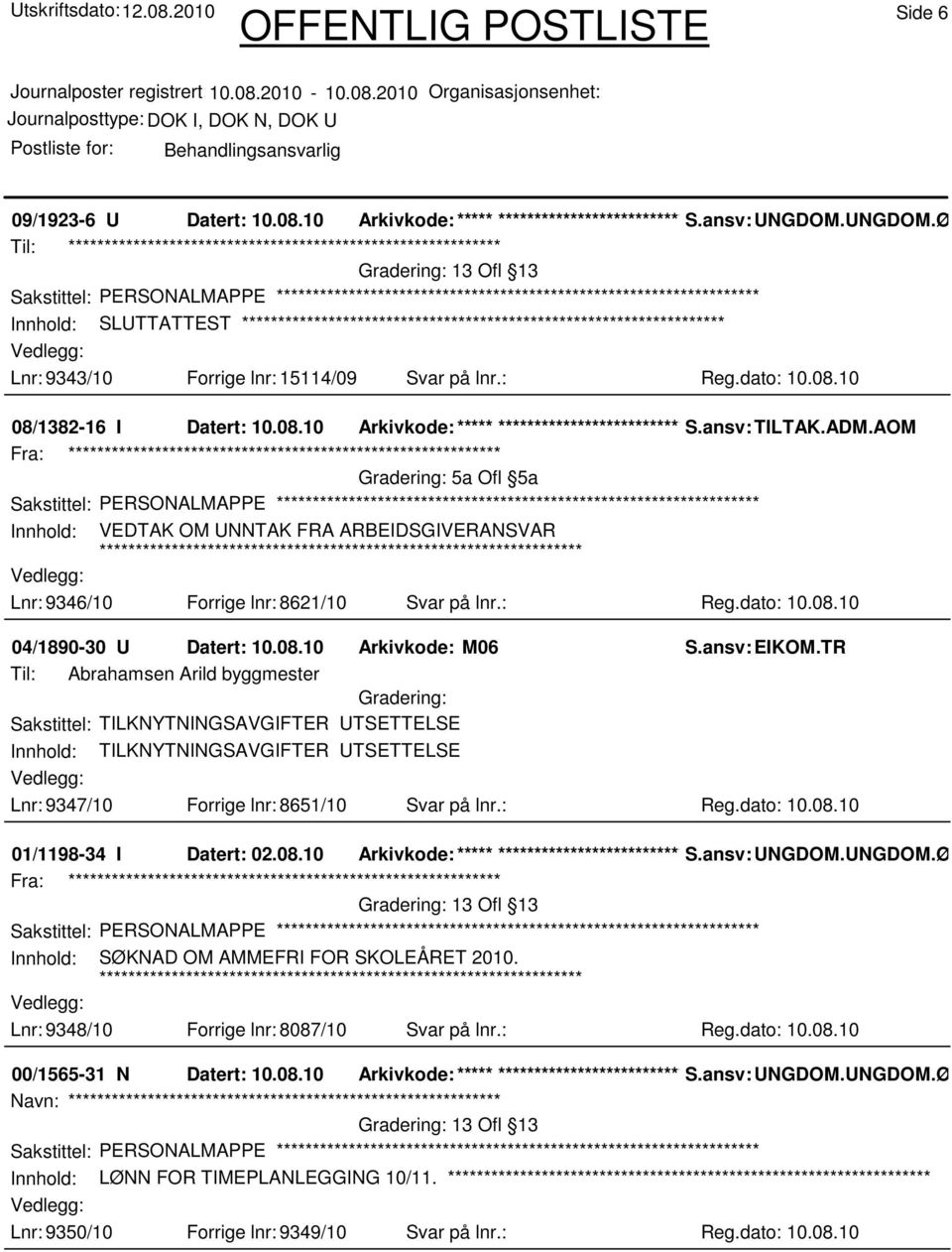 08.10 Arkivkode:***** **************************S.ansv: TILTAK.ADM.AOM 5a Ofl 5a Innhold: VEDTAK OM UNNTAK FRA ARBEIDSGIVERANSVAR Lnr: 9346/10 Forrige lnr: 8621/10 Svar på lnr.: Reg.dato: 10.08.10 04/1890-30 U Datert: 10.