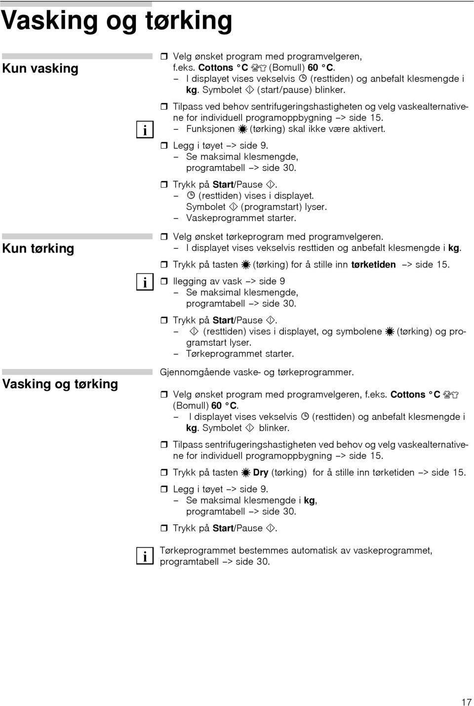 Tilpass ved behov sentrifugeringshastigheten og velg vaskealternativene for individuell programoppbygning > side 15. Funksjonen ˆ (tørking) skal ikke være aktivert. Legg i tøyet > side 9.